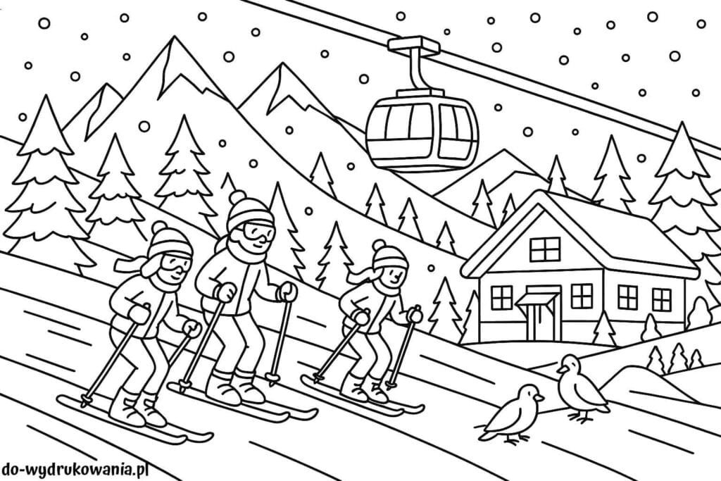 Kolorowanka jazda na nartach do wydrukowania w formacie pdf