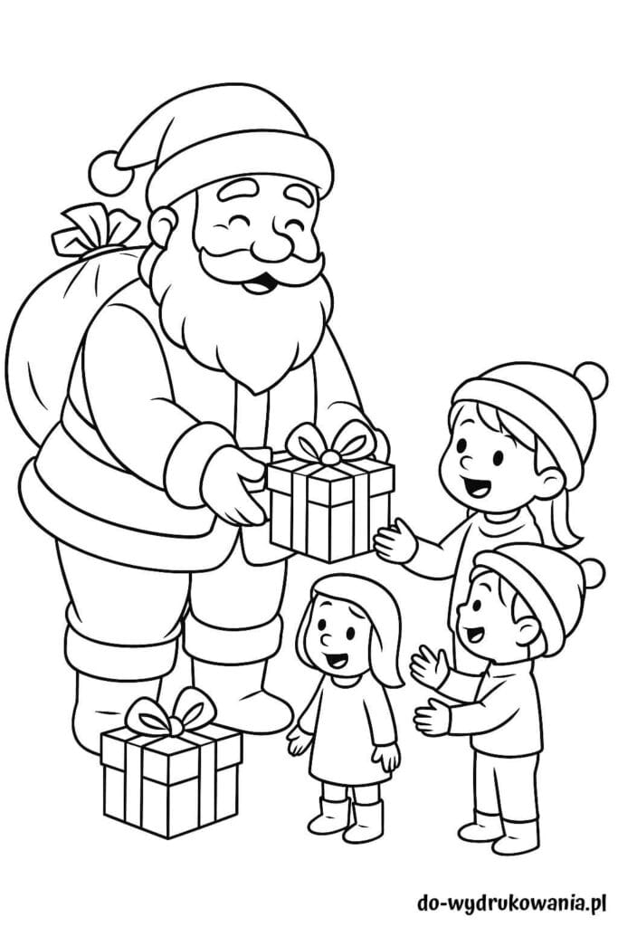 Kolorowanka mikołaj rozdaje prezenty do wydrukowania w formacie pdf