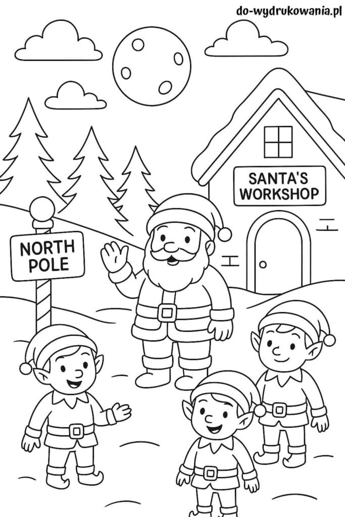Kolorowanka mikołaj z elfami na biegunie północnym do wydrukowania w formacie pdf