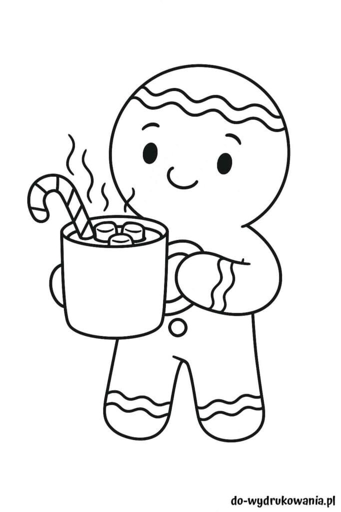 Kolorowanka piernikowy ludzik z kubkiem czekolady do wydrukowania w formacie pdf