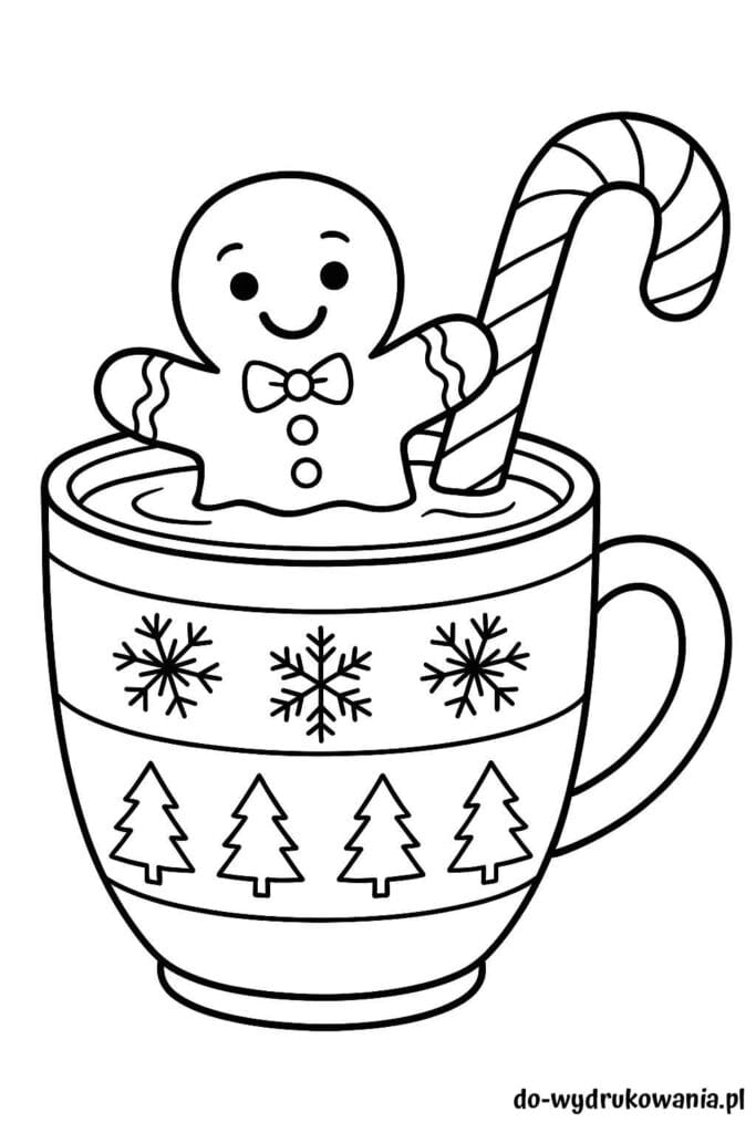 Kolorowanka świąteczny kubek z piernikowym ludzikiem do wydrukowania w formacie pdf