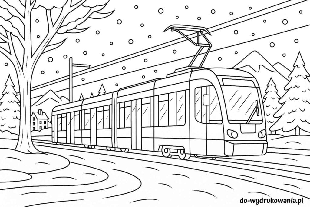 Kolorowanka tramwaj zimą do wydrukowania w formacie pdf