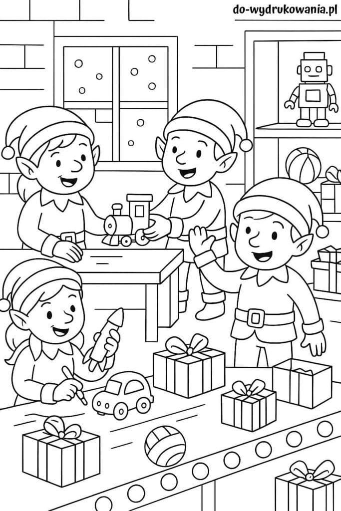 Kolorowanka Elfy w fabryce zabawek do wydrukowania w formacie pdf