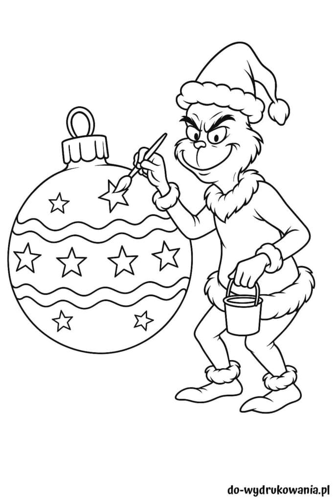 Kolorowanka Grinch dekoruje bombkę do wydrukowania w formacie pdf