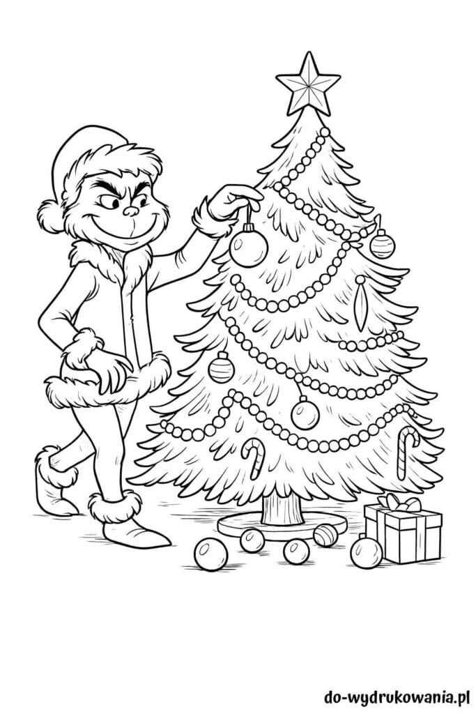 Kolorowanka Grinch dekoruje choinkę do wydrukowania w formacie pdf