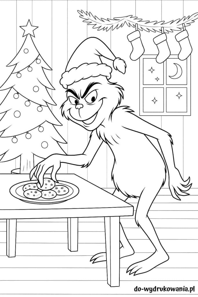 Kolorowanka Grinch kradnie ciasteczka do wydrukowania w formacie pdf