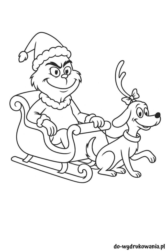 Kolorowanka Grinch na saniach z Maxem do wydrukowania w formacie pdf