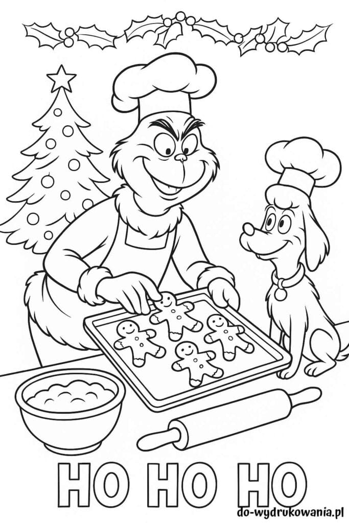 Kolorowanka Grinch piecze ciasteczka do wydrukowania w formacie pdf