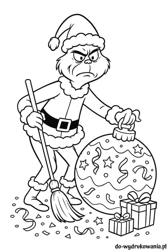 Kolorowanka Grinch sprzata po imprezie świątecznej do wydrukowania w formacie pdf