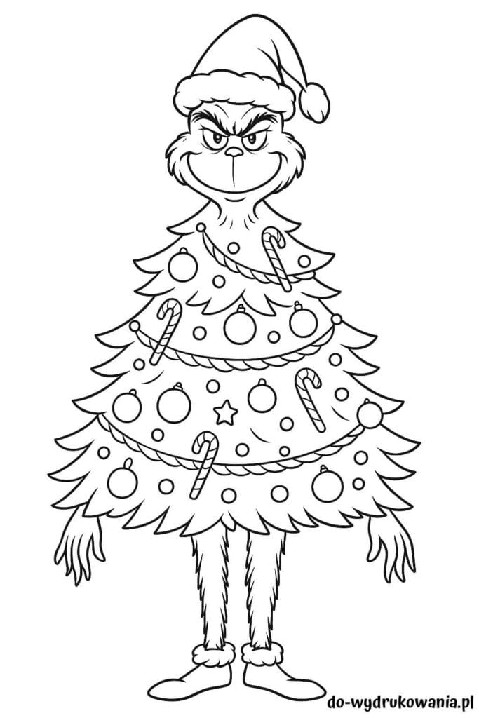 Kolorowanka Grinch w przebraniu choinki do wydrukowania w formacie pdf