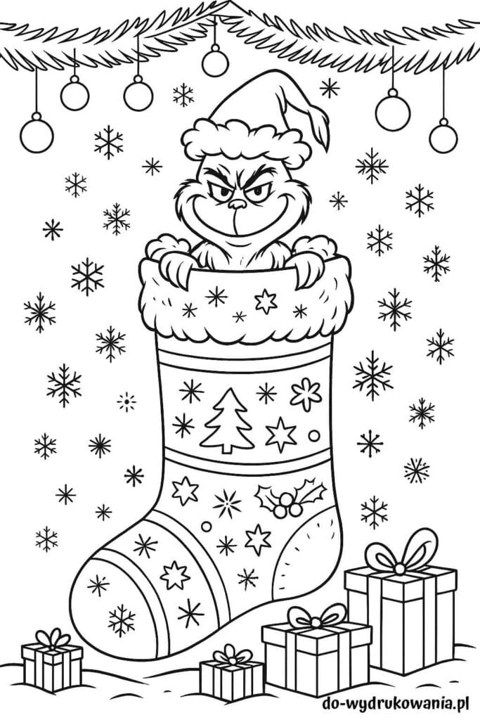 Kolorowanka Grinch w świątecznej skarpecie do wydrukowania w formacie pdf
