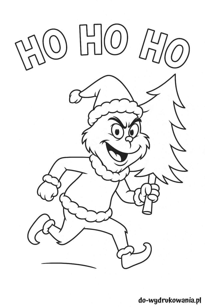 Kolorowanka Grinch z choinką do wydrukowania w formacie pdf