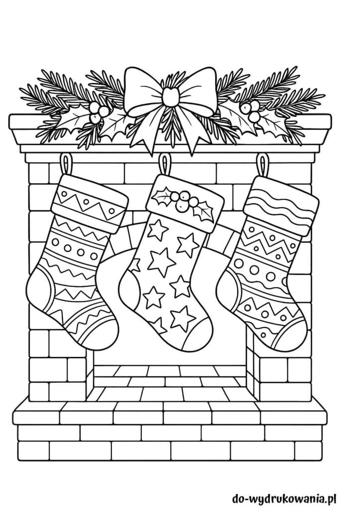 Kolorowanka kominek ze skarpetami na prezenty do wydrukowania w formacie pdf