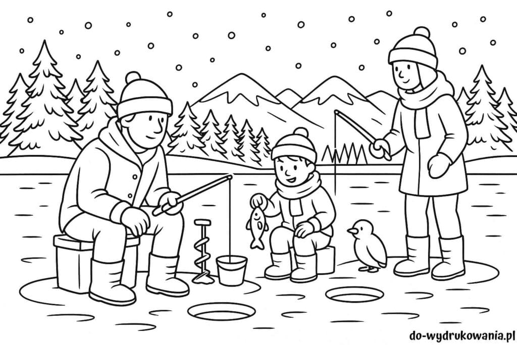 Kolorowanka łowienie pod lodem do wydrukowania w formacie pdf