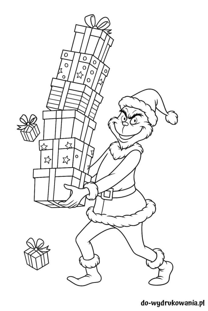 Kolorowanka Grinch z prezentami do wydrukowania w formacie pdf