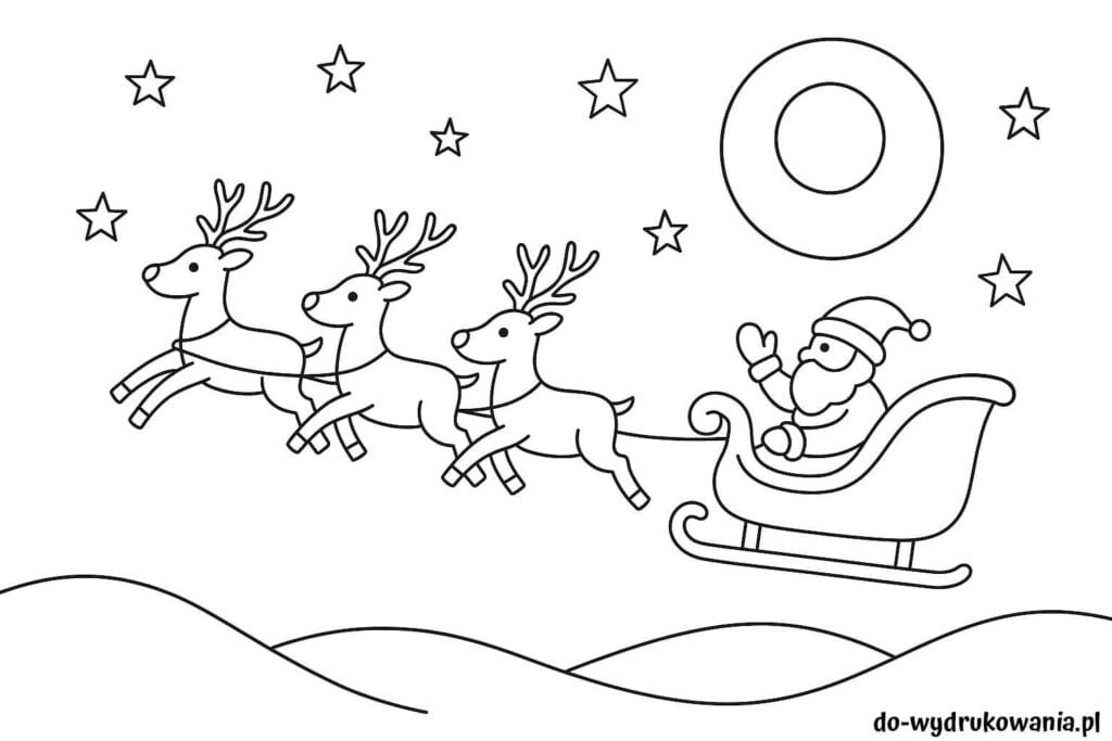 Kolorowanka mikołaj na niebie do wydrukowania w formacie pdf